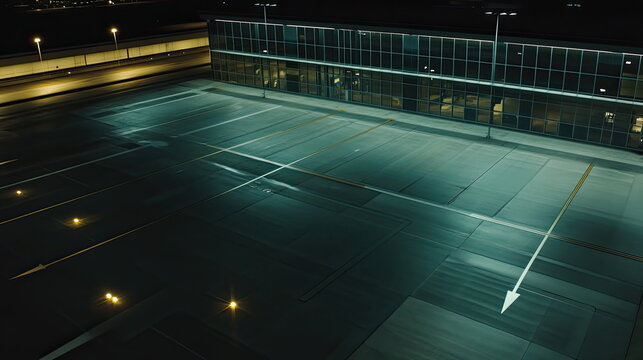Elevated view of an empty airport terminal building and surrounding tarmac at night, with illuminated lights creating a reflective surface and a sense of quiet urban isolation