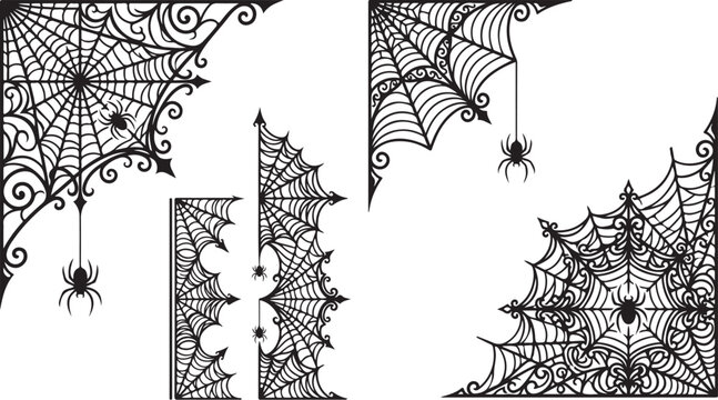Halloween spider web borders, black and white vector set, spooky cobweb designs, creepy illustrations