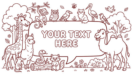 Fototapeta premium Collection of wild safari animals around speech bubble for your text box.