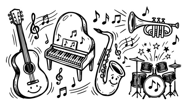 Doodle music instrument icons vector black and white