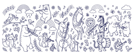 Obraz premium Cute forest animals playing musical instruments in hand drawn style set.