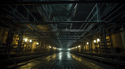 Fototapeta premium Long industrial hallway with complex pipe systems, glowing lights, and reflective floors, creating a moody and atmospheric scene with a sense of depth and mystery