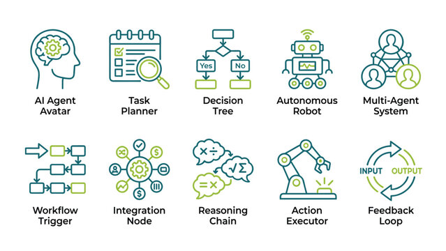 AI agent automation icon set vector decision tree workflow robot multi-agent system green blue line icons

