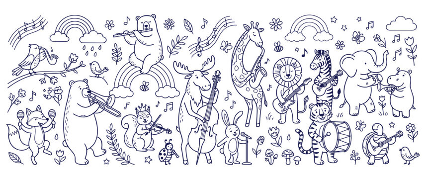 Cute forest animals playing musical instruments in hand drawn style set.