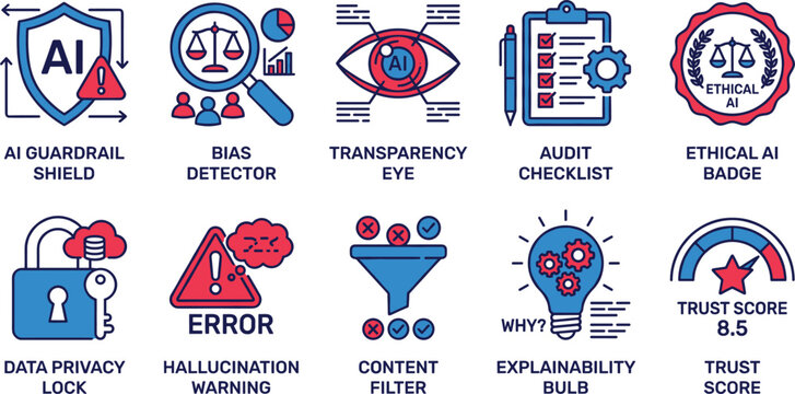AI ethics governance icon set vector bias detector transparency audit trust score guardrail red blue icons
