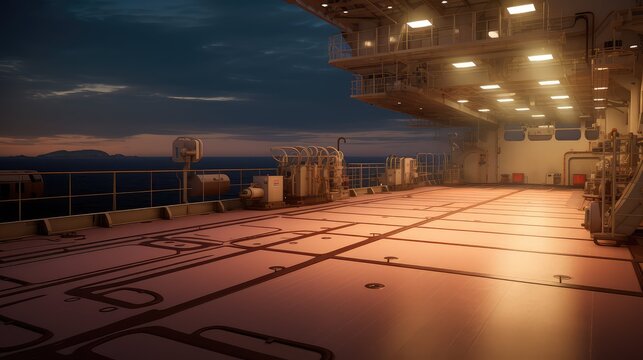 Aircraft carrier deck underway at sea during a glowing sunset and dusk, showing the expansive flight deck with industrial equipment and a distant island silhouette on the horizon