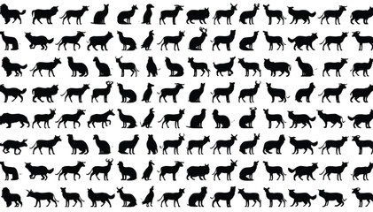 Fototapeta premium Animals organized into a dense grid of black silhouettes showcase a wide spectrum of natural forms suitable for various graphic design tasks requiring minimalist and symbolic representations of life.