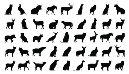 Obraz premium Animals featured as dark graphical silhouettes provide a broad variety of iconic shapes representing different creatures in a clean and organized arrangement for professional design and artistic.