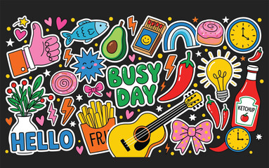 Fototapeta premium Colorful Vector Patches with Hand-Drawn Cartoon Elements