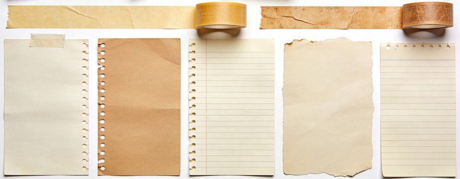Assorted vintage and modern paper notes with tapes and notebook pages on table