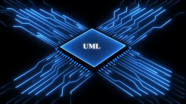 U M L Unified Modeling Language Circuit Board Microchip with Blue Neon Lights on Black Background Technology Concept for Software Development and Engineering .Technology and network concept. 