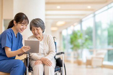 Obraz premium Caregiver supporting senior person with copy space, healthcare and elderly care concept