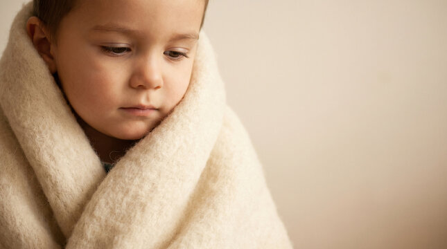 Sick Child Wrapped in Blanket for World Children's Day, World Health Day and International Day of Innocent Children Victims of Aggression, Sad Kid Feeling Unwell, Healthcare Concept