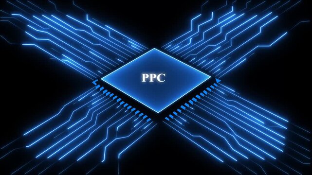 Blue P C microchip with glowing circuits on black background for tech and finance concepts pay per click. Technology and network concept. 4k video animation on black background.