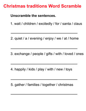 Christmas Traditions Word Scramble Worksheet 8 &mdash; Waiting for Santa, exchanging gifts and Christmas family gatherings