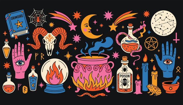 Magic Potion Brewing with Cauldron and Esoteric Symbols
