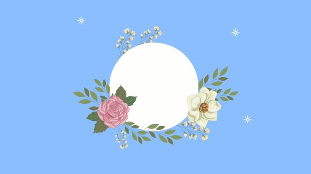 Floral circular frame with roses and leaves on soft blue background, motion graphic.