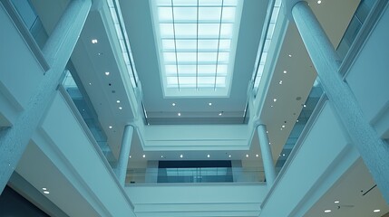 Naklejka premium Modern building atrium features multiple levels, large skylight, high ceilings, columns and glass railings, reflecting contemporary design and a spacious environment