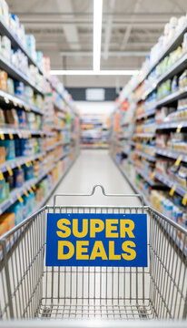 Shopping cart with "Super Deals" sign in a brightly lit supermarket aisle filled with shelves of products, symbolizing savings and retail experience