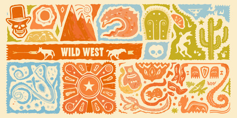 wild west folk art banner with western themed illustrations © Asish