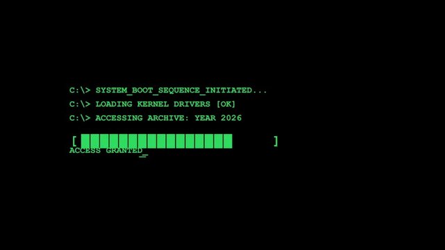 Retro computer boot sequence with green command line text and a loading progress bar illustrating data access or a system initiation concept