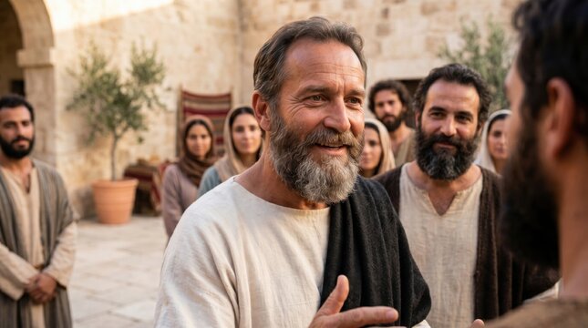 Apostle Paul and Barnabas preaching the gospel to a group of believers. Biblical scene of disciples gathering with followers in the ancient city. Christian faith and ministry.