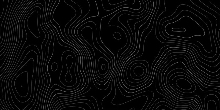 Minimal monochrome contour map background with flowing white lines on black texture, modern topographic design for navigation and digital projects.
