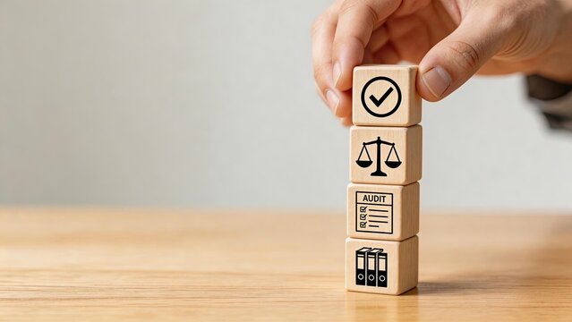 Hand placing wooden block with checkmark on top of stack featuring legal scales audit checklist and files symbolizing compliance verification and corporate governance on office