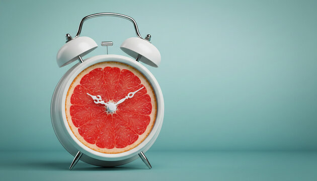 A white alarm clock with a grapefruit slice as its face, symbolizing healthy eating and time, on a teal background