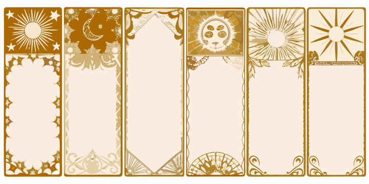 vectorized tarot card designs with ornate golden frames isolated