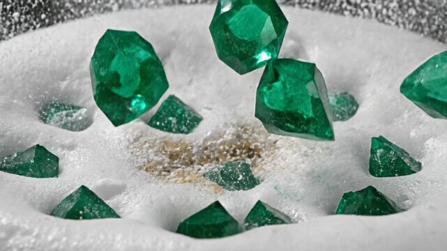 Vibrant green emerald crystal gems, precious and sparkling, scattered soft white foam. luxurious display of translucent emerald shards splashing into pristine white liquid, creating captivating