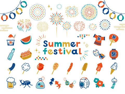 ポップでかわいい夏祭りのイラストセット