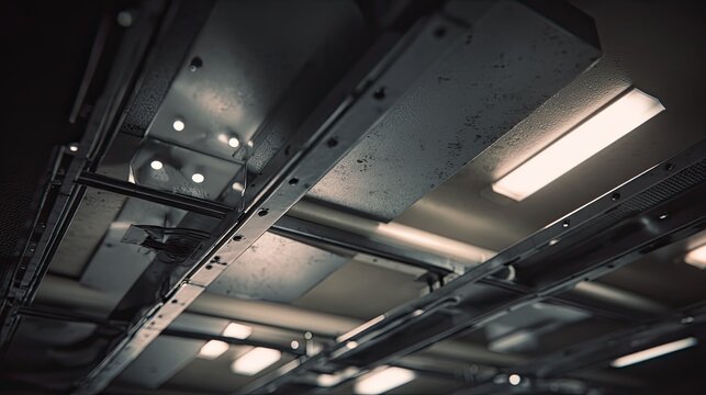 Industrial facility ceiling featuring a complex network of metal structures, electrical conduits, and glowing fluorescent light fixtures, creating a moody, mechanical interior