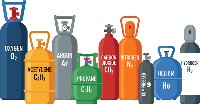 Large collection of industrial gas cylinder vector illustrations including oxygen acetylene argon propane carbon dioxide nitrogen compressed air helium and hydrogen isolated on white.