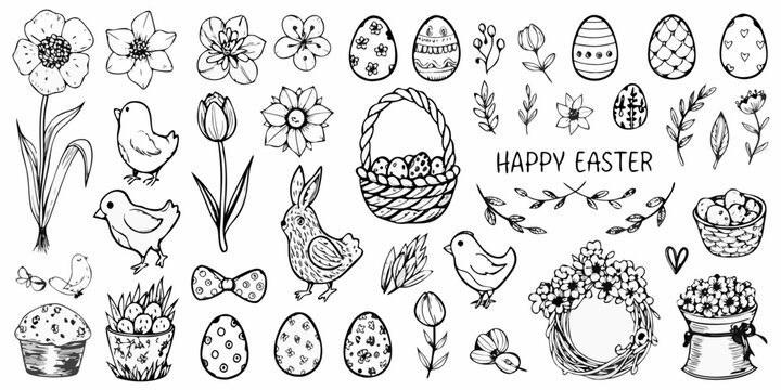 hand drawn easter elements collection with flowers and animals