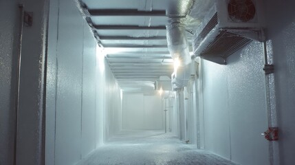 Fototapeta premium Frozen industrial hallway featuring frost covered walls, ceiling, floor, and refrigeration equipment, creating an extreme cold environment for preserving goods and products