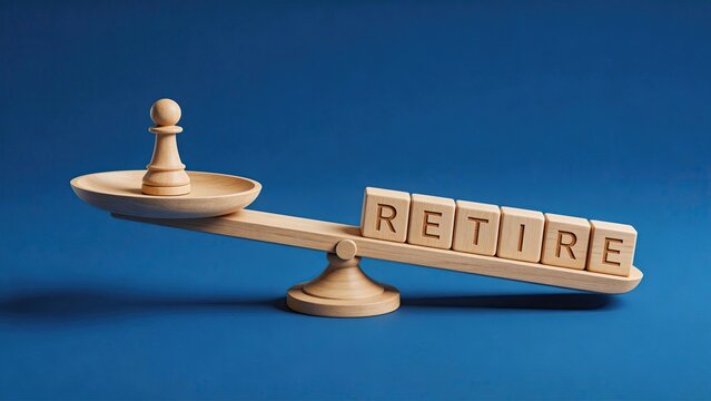 Wooden scale balancing a chess pawn against blocks spelling retire symbolizing the weight of retirement decisions financial planning and career transitions on a blue background