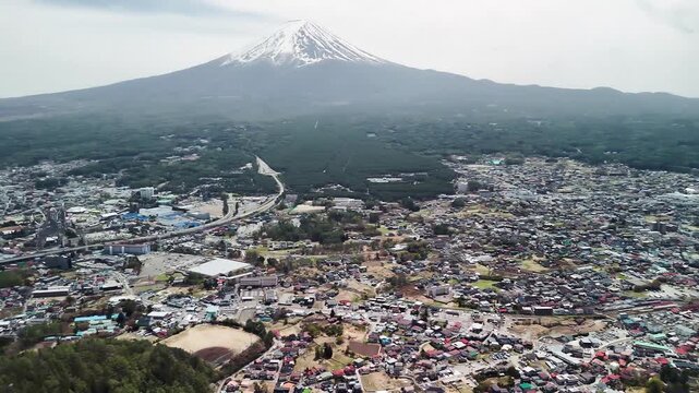 Lake Kawaguchi panoramic view from Mount Fuji ropeway with mountains and landscape