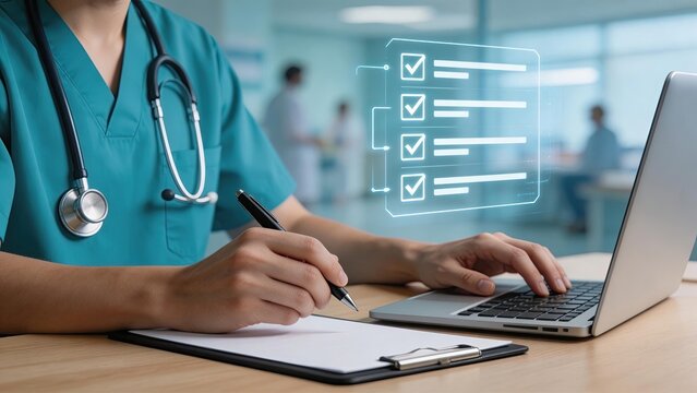 Doctor using laptop with holographic checklist in modern hospital medical professional writing notes healthcare technology digital records telemedicine clinical workflow medical