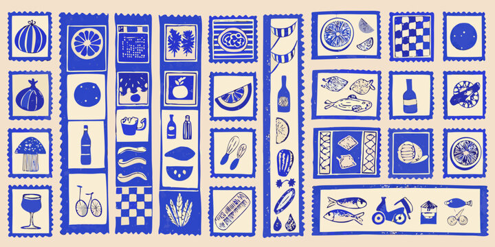 italian lifestyle icons set hand drawn blue and white illustrations