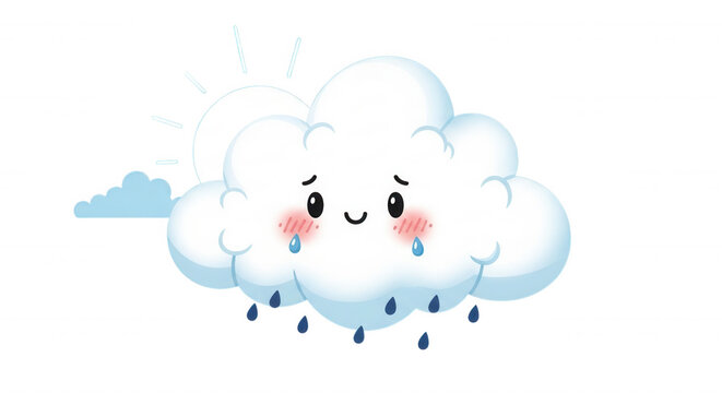 A cute white cartoon cloud character with a smiling face blushing cheeks and falling blue raindrops isolated on a solid black background