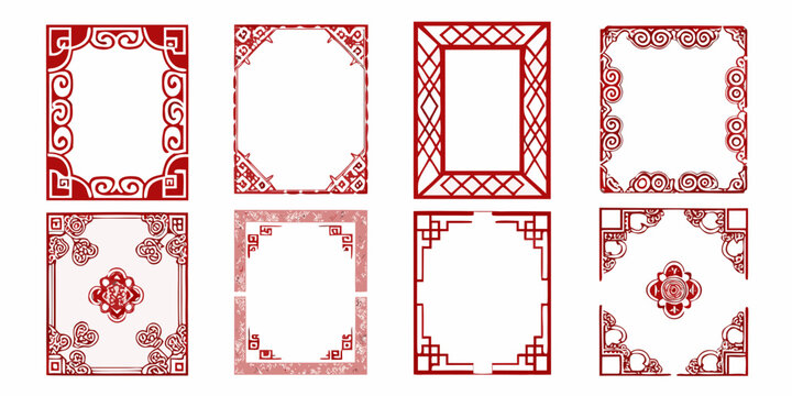 asian inspired red borders traditional decorative vector illustration set