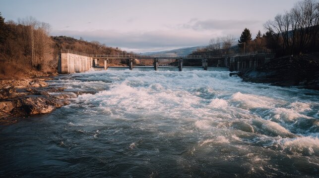 Rushing hydroelectric dam releases turbulent white water downstream through concrete gates, powerful currents and foam amid evergreen wilderness under a bright sky, highlighting renewable energy