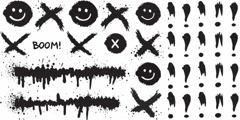Grunge vector art pack with smiley faces x marks and exclamation points © Asish