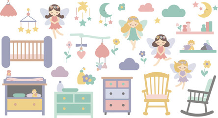 Obraz premium Nursery furniture and baby items in various pastel colors for children