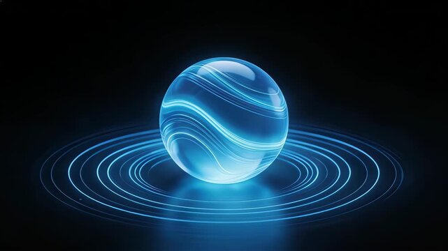 Blue glowing sphere with rings, seamless loop