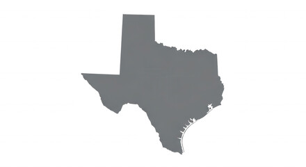 Fototapeta premium A flat grey silhouette map of the state of Texas isolated on a solid black background with a thin white outline around the coastal border
