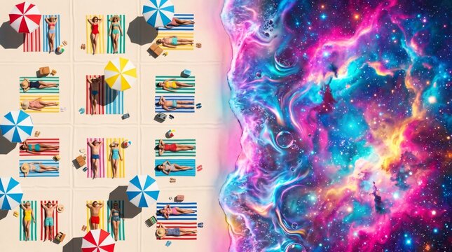Surreal overhead view of people sunbathing on a beach merging with a vibrant cosmic nebula galaxy for creative escape concept