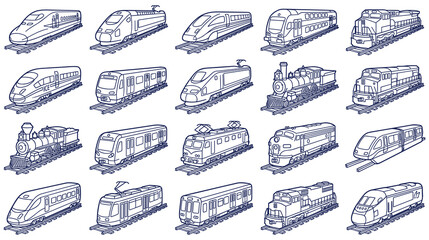 Train collection showing various locomotive styles and rail transport. © NAZMA