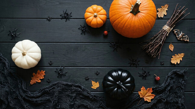 An overhead arrangement of pumpkins spiders and fall leaves on a dark rustic wooden background